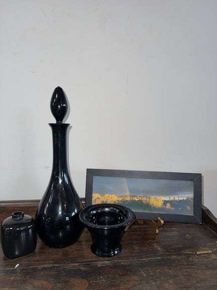 Black Glass Decanter, Stopper, and Accessories, Decanter is 15″