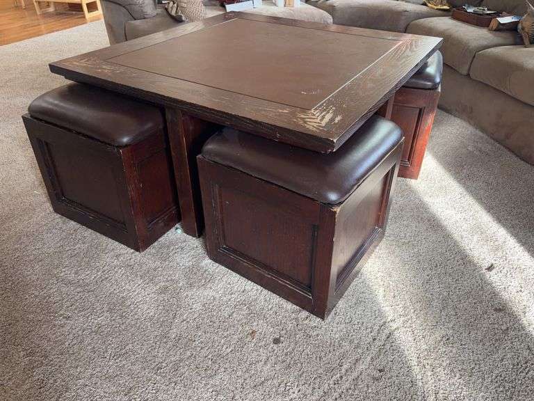 Wood Table With Storage Ottomans
