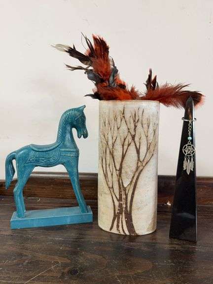 Decorative Items with Ceramic Vase, Horse Figurine, and Obelisk with Charm