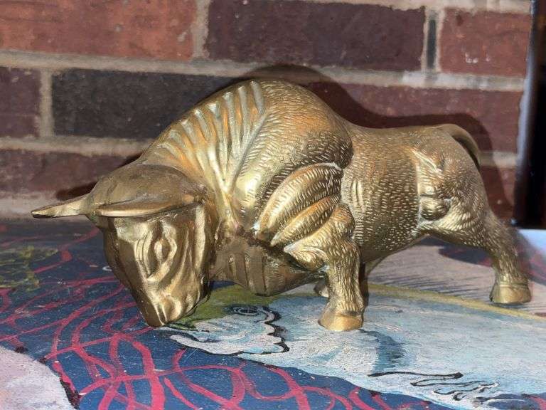 Solid Brass Bull Figurine, 5″H x 10″W