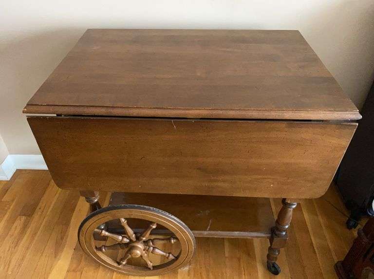 Colonial Style MCM Drop Leaf Tea Cart w/ Serving Tray & Drawer