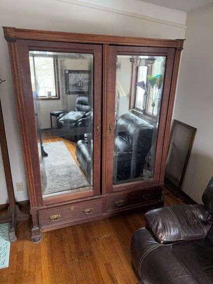 19th Century Wooden Armoire/Wardrobe with Mirror Panels and Brass Hardware