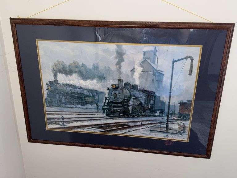 David Tutwiler Framed 1999 Train Artwork, 25.5″H x 37.5″W