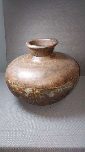 Antique Metal Style Padlo Water Vessel with Rustic Patina and Riveted Design