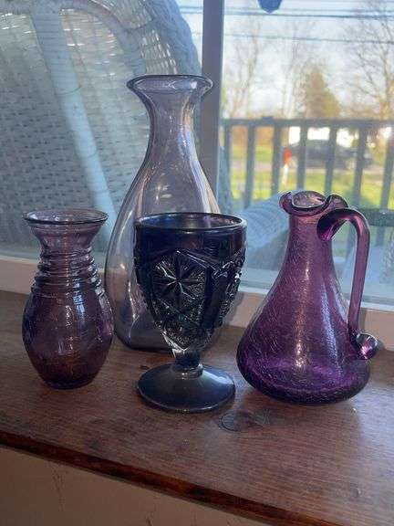 Purple Art Glass Vases, Goblet & Pitcher