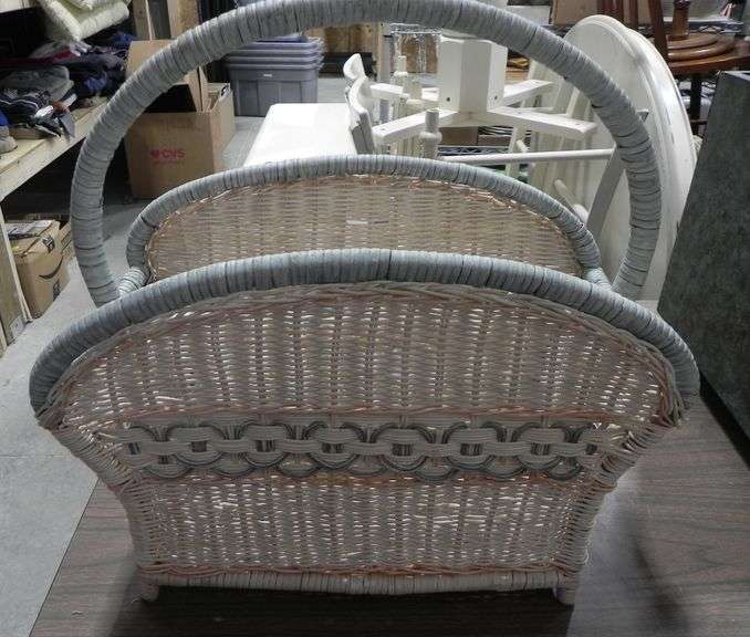 Vintage white wicker magazine rack