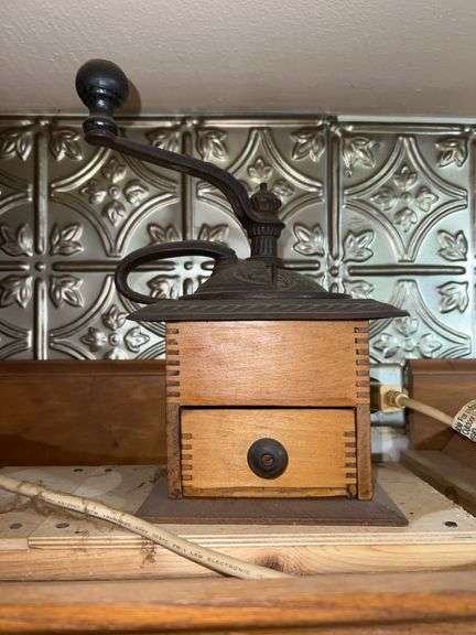 Antique Cast Iron Coffee Grinder w/ Wood Box