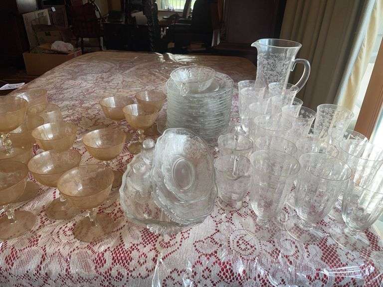 Large Etched Glass Drinkware & Serving Set