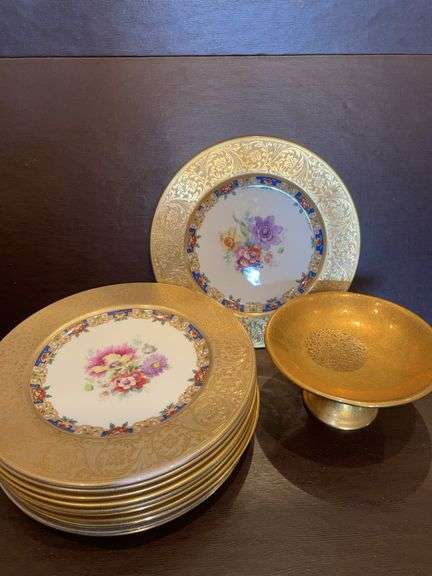 Wheeling Decorated China Gold Encrusted Plates & Pedestal Bowl