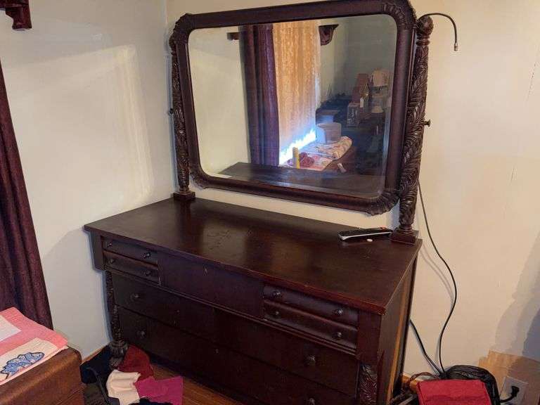 Antique Carved Wood Dresser w/ Mirror Vanity