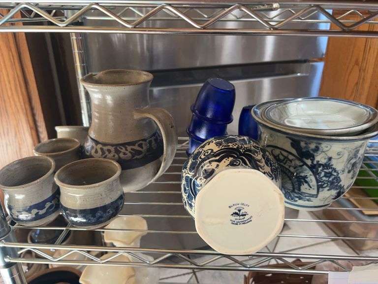 Mixed Pottery & Glass Lot – Delft Vase, Stoneware Pitcher & Cups
