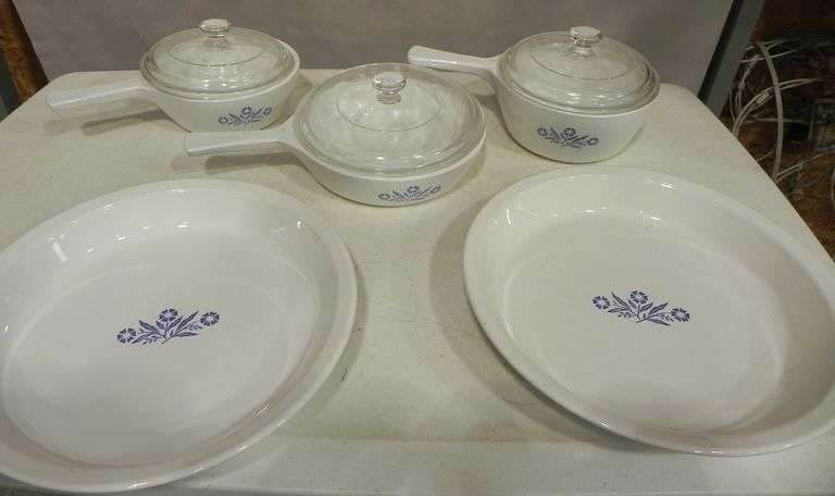 Corning Ware in the classic "Blue Cornflower" pattern.