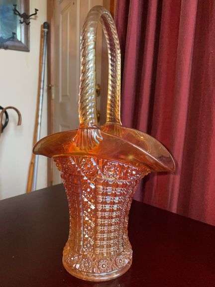 Carnival Glass Basket with Sawtooth Rim & Twisted Handle
