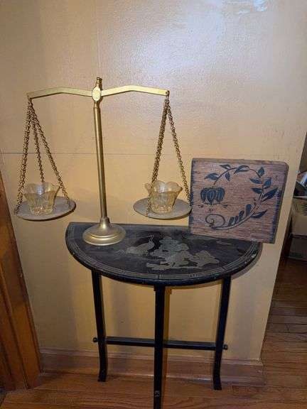 Brass Balance Scale w/ Glass Cups & Accent Table + Wall Art