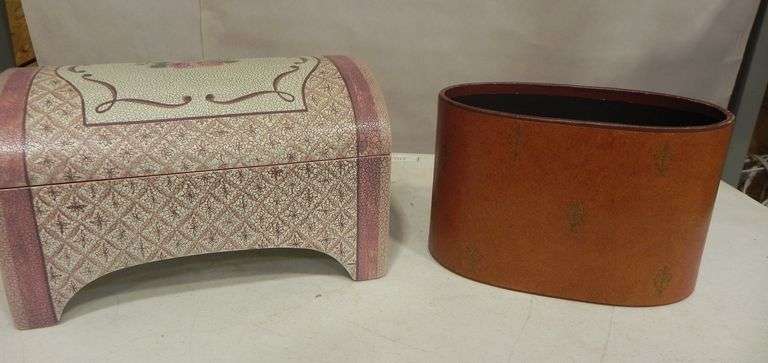 Vintage Shabby Chic Decorative Trinket Chest and Vintage Mid-Century Faux Leather Desk Caddy.