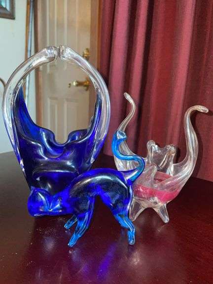 Art Glass Basket & Animal Figurines