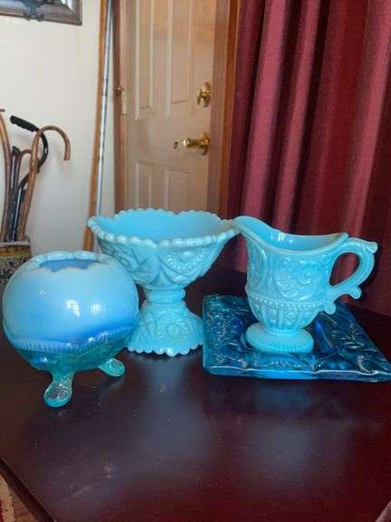 Blue Milk Glass Tableware Group with Compote, Creamer & Covered Dish