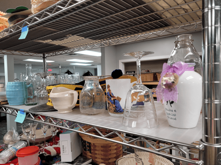 Mixed Glassware & Decorative Shelf Lot – Mugs, Bottles, Pink Depression Bowl, NAPA Hat, Book & More