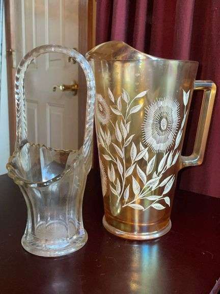 Carnival Glass Pitcher with Basket