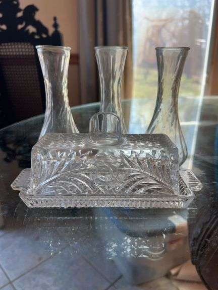 Pressed Glass Butter Dish w/ Tray & 3 Glass Bud Vases