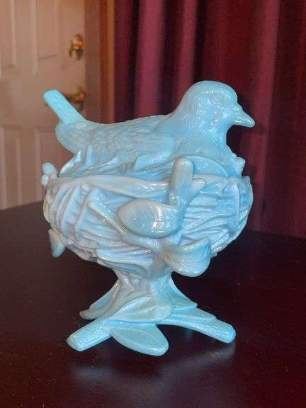 Blue Milk Glass Covered Bird Nest Dish on Stand