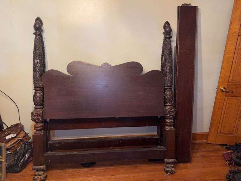 Antique Carved Wood Bed – Headboard, Footboard & Rails