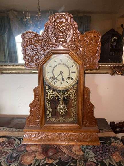 Ornate Carved Wood Mantel Clock w/ Pendulum