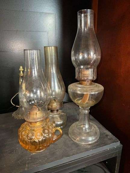 Antique Oil Lamps with Glass Chimneys