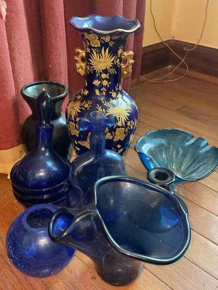 Cobalt Blue Glass & Porcelain Vase Lot – Gold Decor & Bottles
