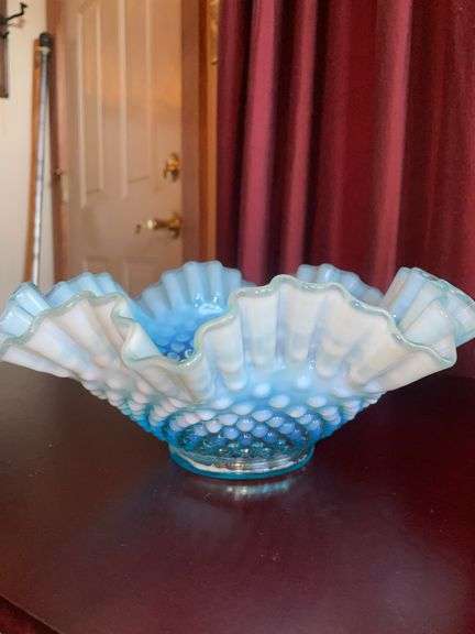 Fenton Blue Opalescent Hobnail Ruffled Bowl