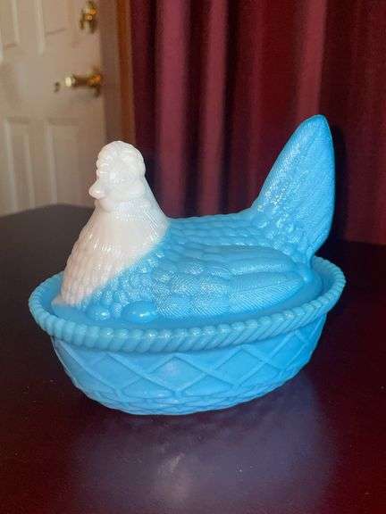 Blue & White Slag Glass Hen on Nest Covered Dish