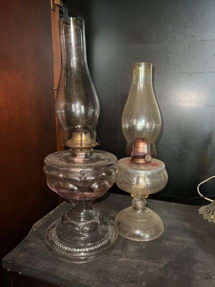 Pair of Antique Oil Lamps with Glass Chimneys