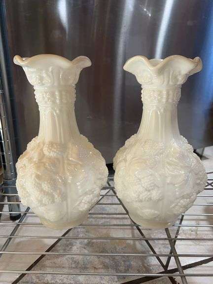 Pair of Milk Glass Grape Pattern Vases 10in