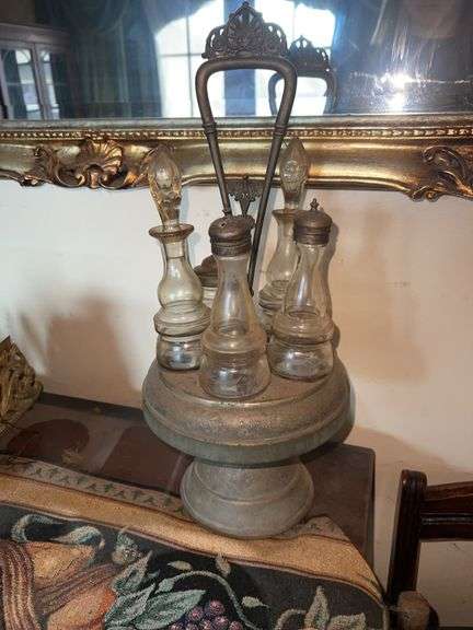 Antique Castor Set w/ Glass Cruets & Stand