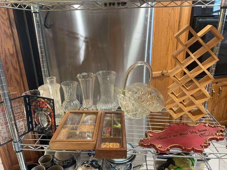 Large Mixed Decor Lot – Glass Vases, Basket, Wine Rack & Display Pieces