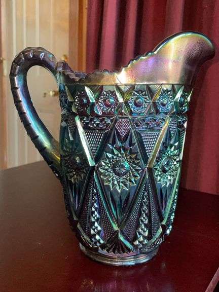 Carnival Glass Pitcher with Geometric Star Pattern