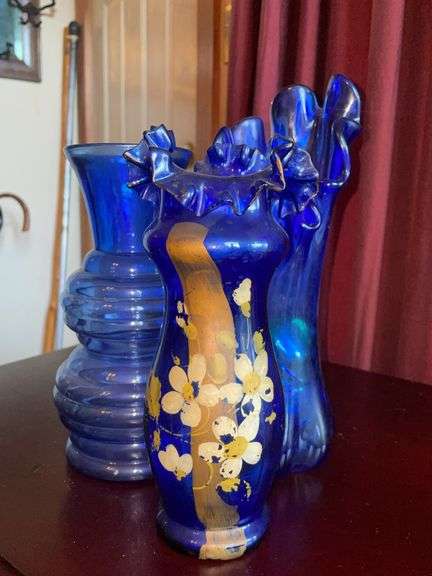 Cobalt Blue Glass Vase Group Including Hand-Painted & Ruffled Forms