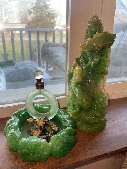 Green Slag Glass Figural Group with Perfume Bottle & Ring Dish
