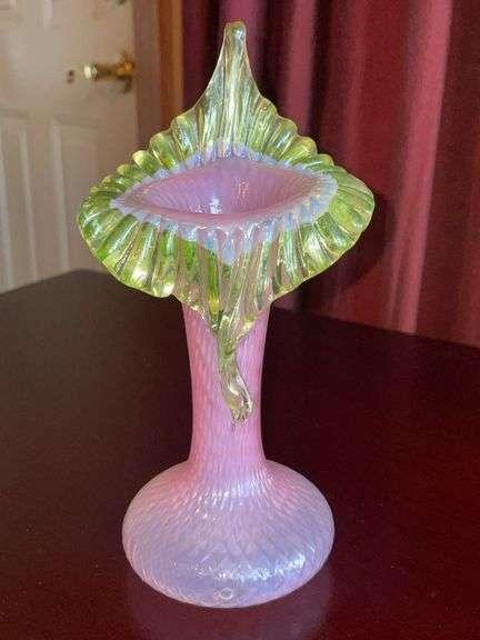 Opalescent Vaseline Glass Jack-in-the-Pulpit Vase