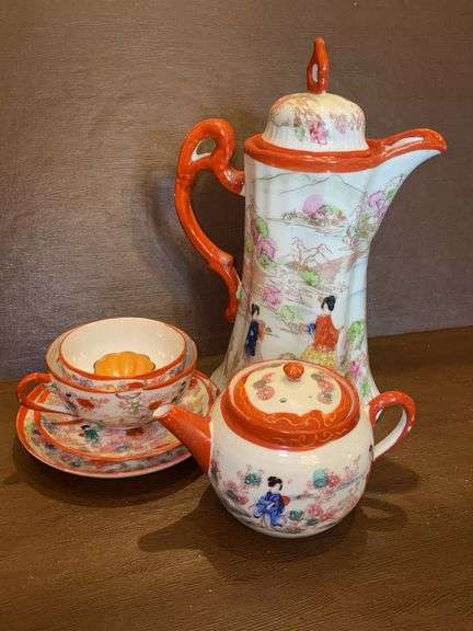 Japanese Porcelain Tea Set w/ Moriage & Figural