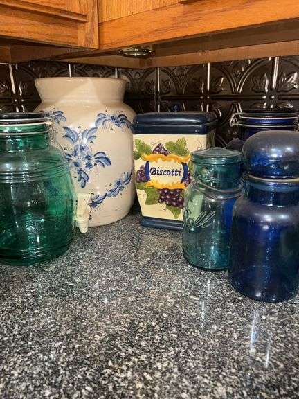 Mixed Canister & Glass Jar Lot – Stoneware, Biscotti Jar & Blue Glass