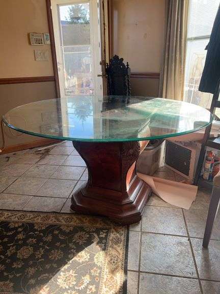 Round Glass Top Dining Table w/ Carved Wood Pedestal Base – 54in