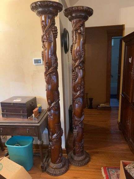 Pair of Carved Wood Pedestal Columns w/ Grapevine Motif