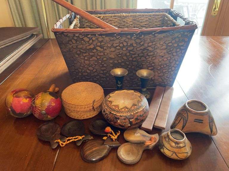 Ethnic Decor Group w/ Basket, Maracas, Carved Pieces & Pottery