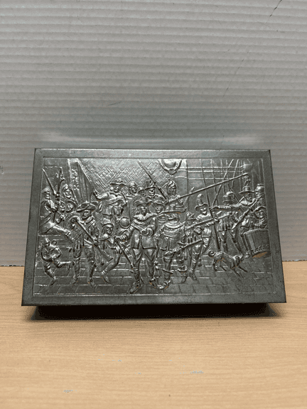 Vintage Daher Metal Storage Box – Embossed Colonial Soldier Parade Scene, Made in Canada