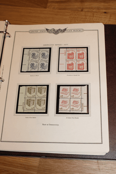 1977 Americana Series Plate Blocks – “Root of Democracy” 2¢–4¢ U.S. Stamp Sets