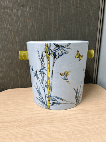 ’Objet “Bamboo Blue” Ice Bucket with Double Handles – Portugal – 7"H