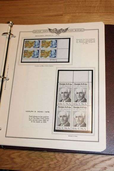 1976 Benjamin Franklin & Adolph S. Ochs 13¢ Plate Blocks – U.S. Commemorative Stamp Album Page