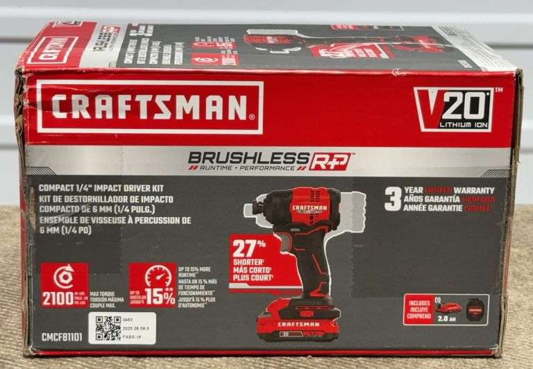 **OPEN BOX/NEW** Craftsman V20 Lithium-Ion Brushless RP Compact 1/4" Impact Driver Kit (CMCF811D1)