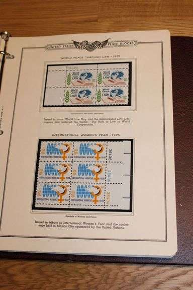 1975 World Peace Through Law & International Women’s Year 10¢ Plate Blocks – U.S. Stamp Album Page